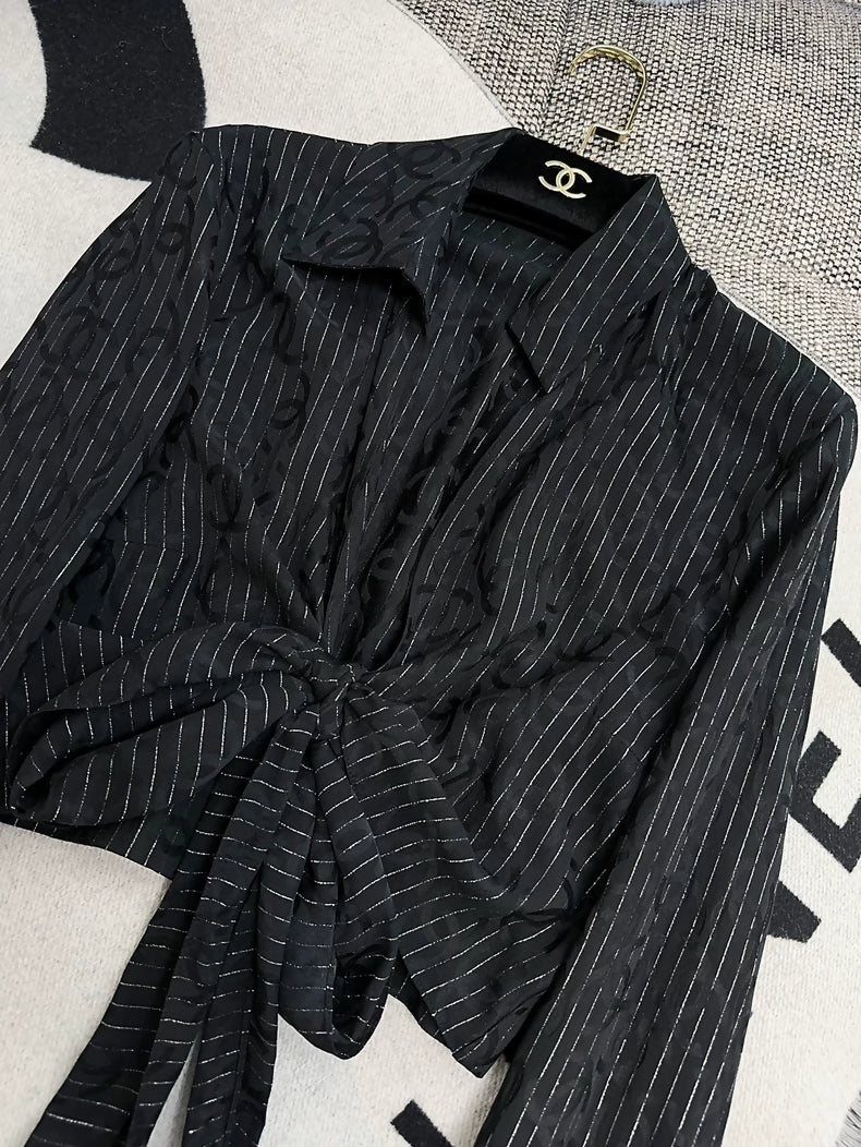 Chanel 23p Black Double C Striped Tie-Waist Shirt