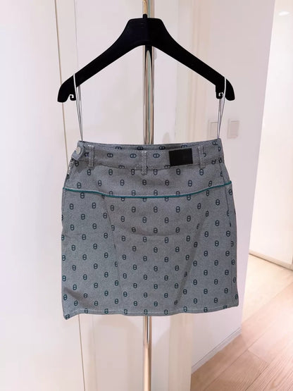 Hermes grey-green all-over print pig nose logo skirt