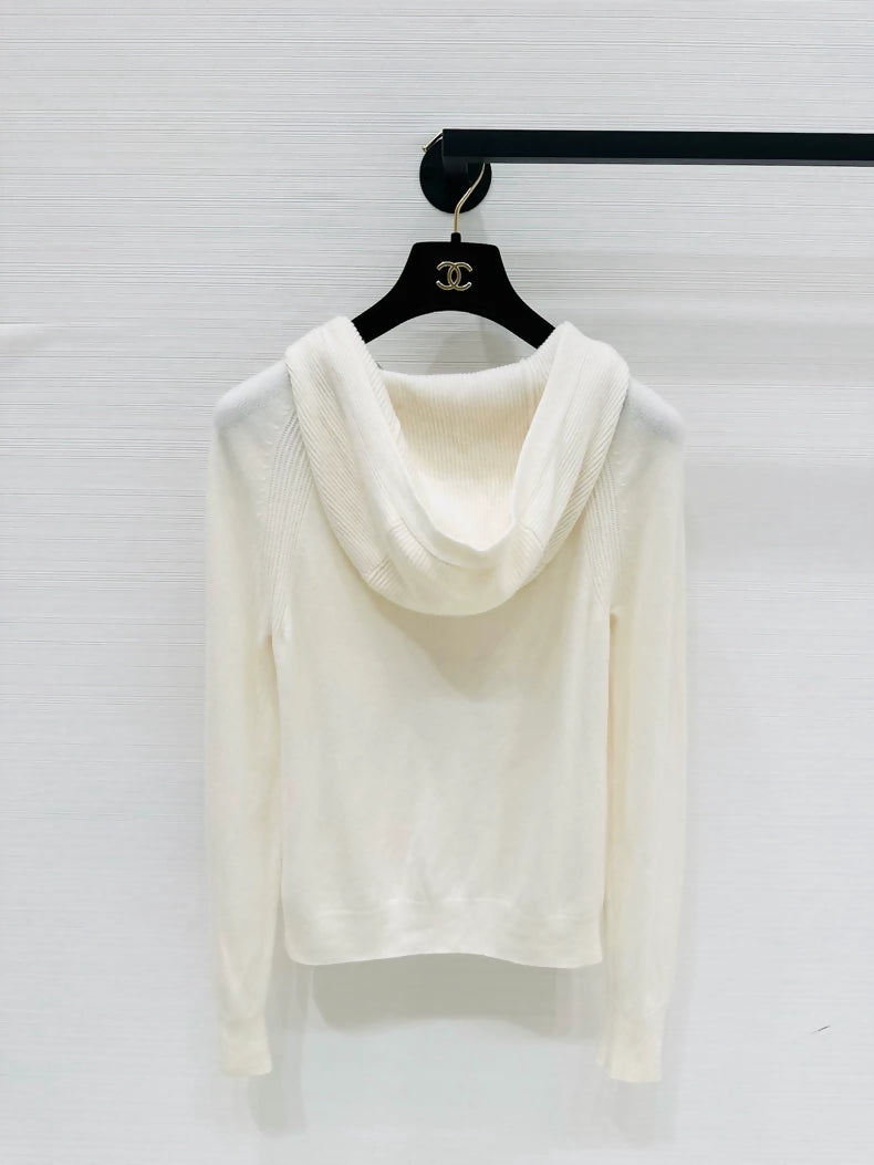 Loro Piana ecru classic knitted hooded cashmere cardigan
