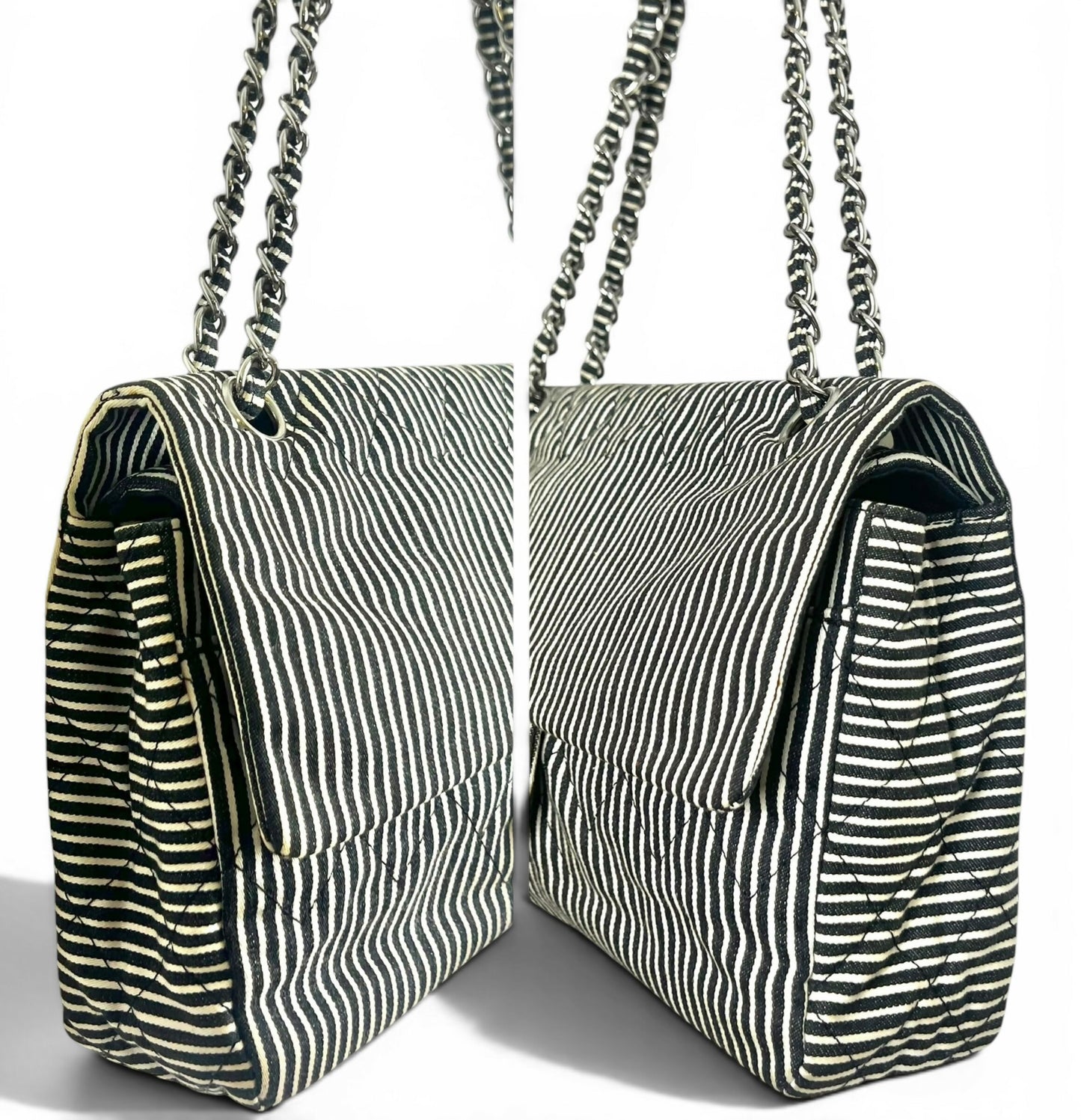 Chanel 08C Medium Black White Stripe Denim Canvas Classic Double Flap Bag