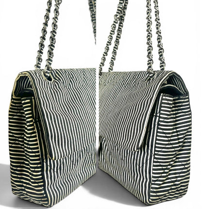 Chanel 08C Medium Black White Stripe Denim Canvas Classic Double Flap Bag