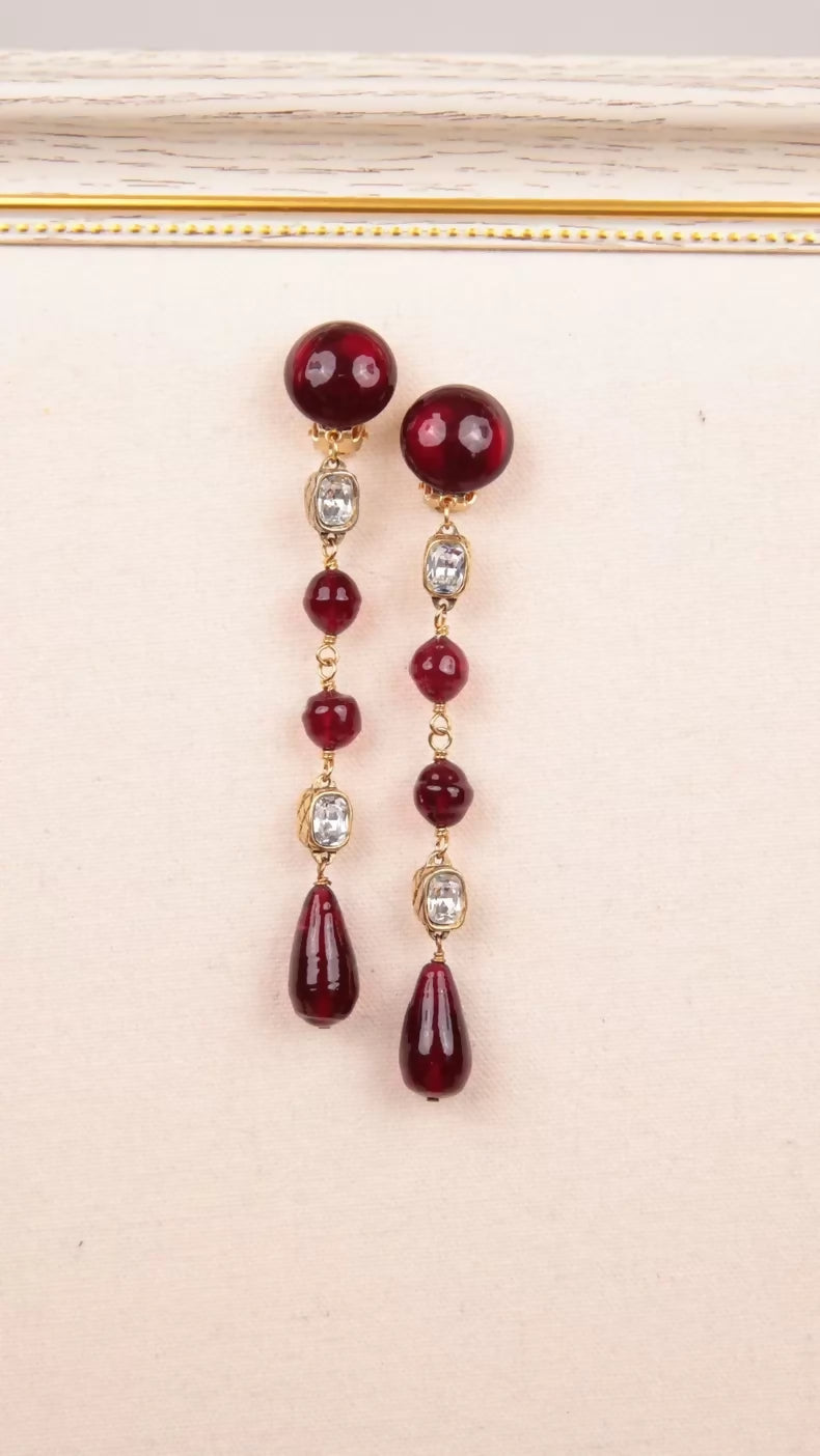 Chanel 1990 Red Glass Rhinestone Clip-on Earrings