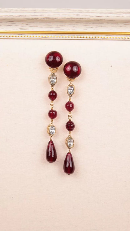 Chanel 1990 Red Glass Rhinestone Clip-on Earrings