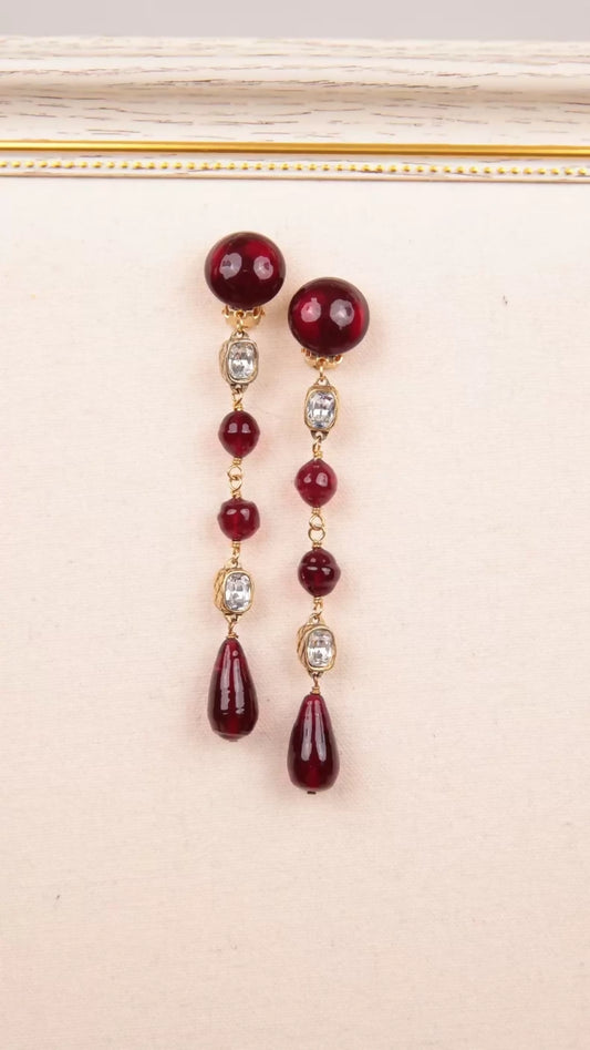 Chanel 1990 Red Glass Rhinestone Clip-on Earrings