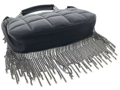 Rare Chanel 02A Mini Black Quilted Lambskin Silver CC Chain Fringe Bag