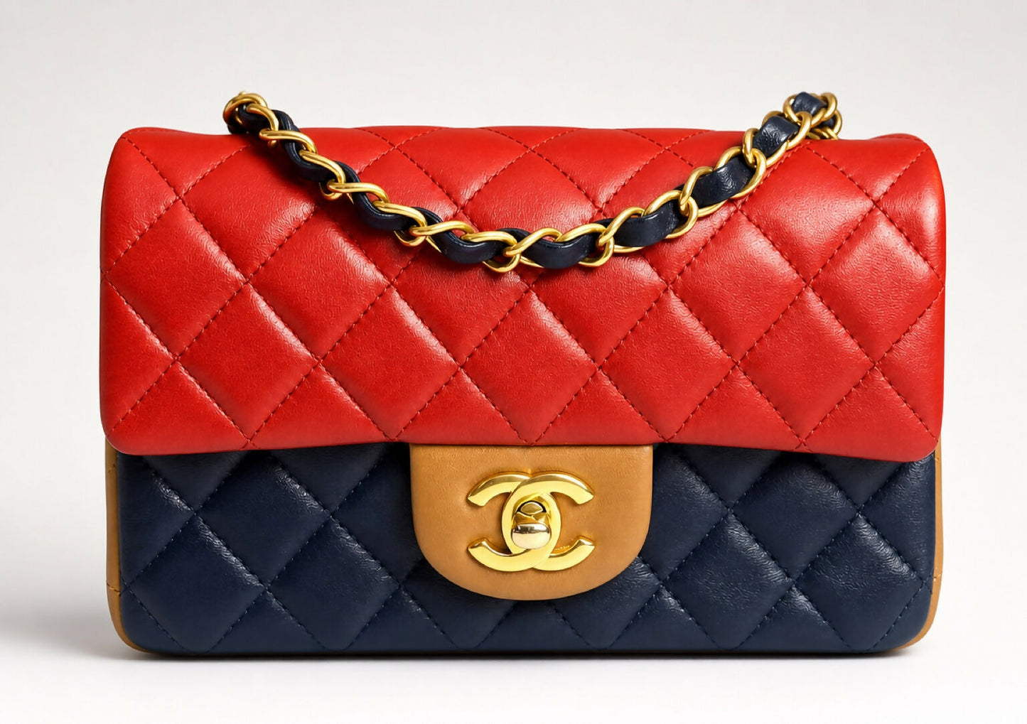 Rare Chanel 13A Edinburgh Tricolor Navy Red Caramel Quilted Lambskin Mini Classic Flap Bag GHW