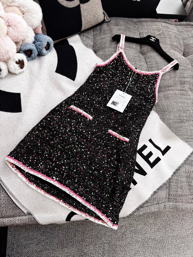 Chanel 24C black knit dress with colourful sequins