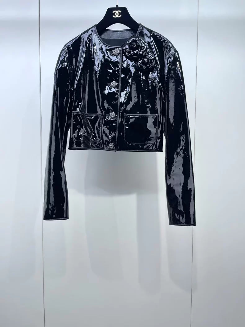 Chanel 23K black patent leather camellia jacket