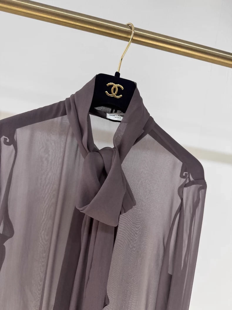 Saint Laurent 2024 Fall/Winter Silk Sheer Long-Sleeved Shirt with Ribbon,