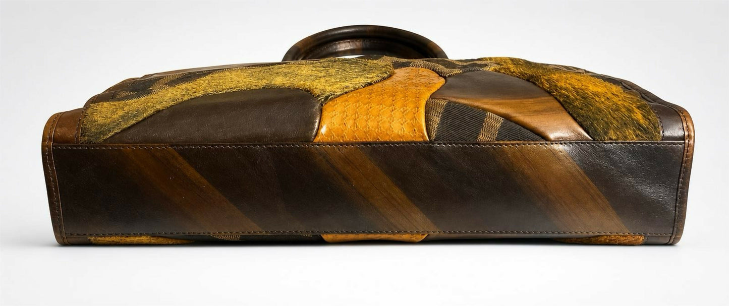 Rare Vintage Fendi Brown Zucca Leather Pony hair Canvas Patchwork Tote Bag