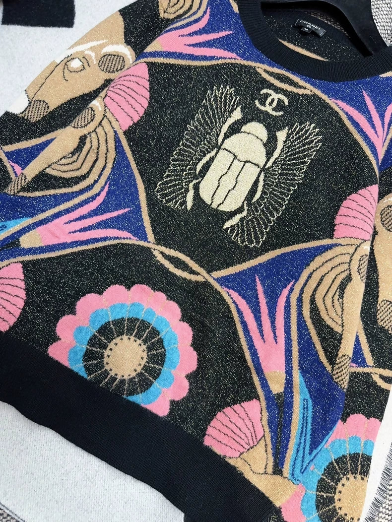 Chanel 19A Black and Pink Scarab Cashmere Sweater