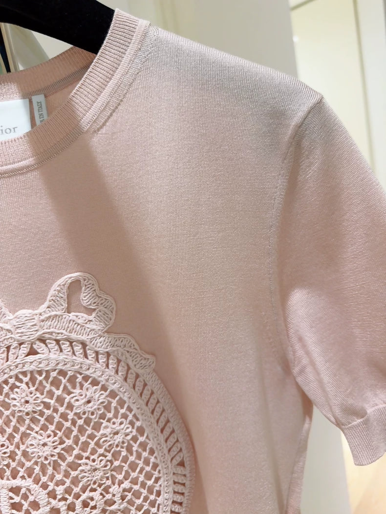Christian Dior Pink Openwork Crocheted Bow Badge Silk Short-Sleeve Top
