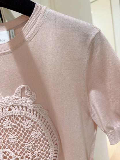 Christian Dior Pink Openwork Crocheted Bow Badge Silk Short-Sleeve Top