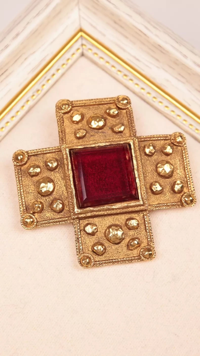 Chanel 1991 Red Glass Gold Cross Brooch