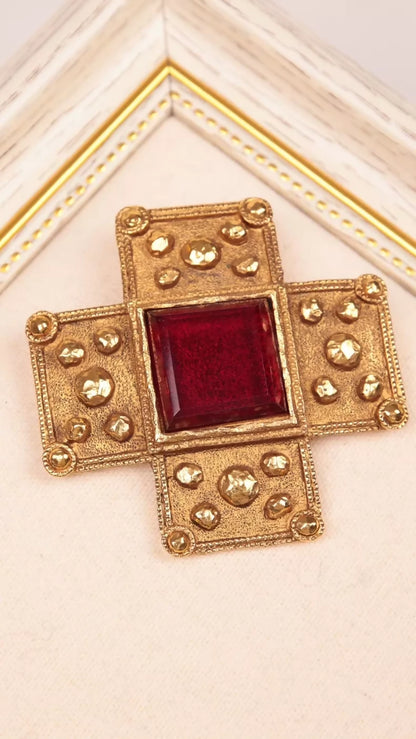 Chanel 1991 Red Glass Gold Cross Brooch
