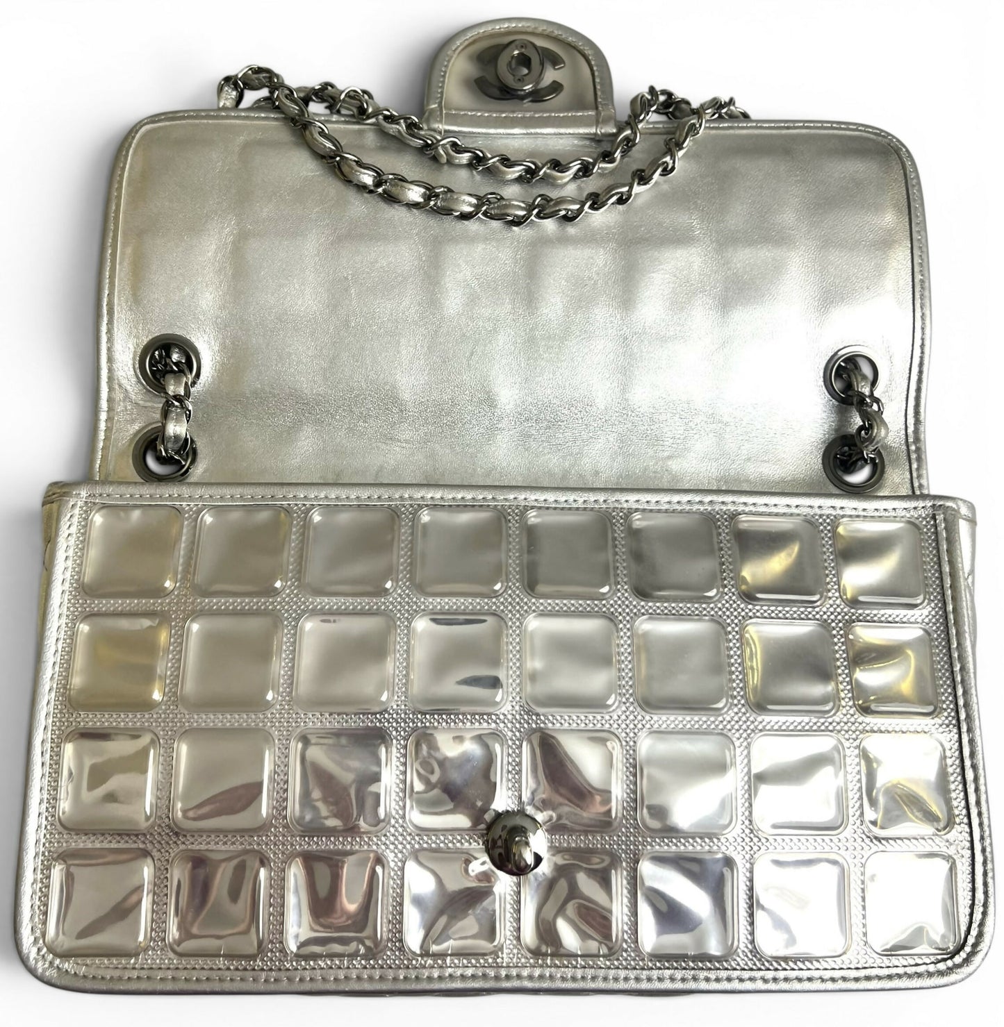 ICONIC Chanel 08C Medium Ice Cube Metallic Silver PVC Calfskin Classic Single Flap Bag