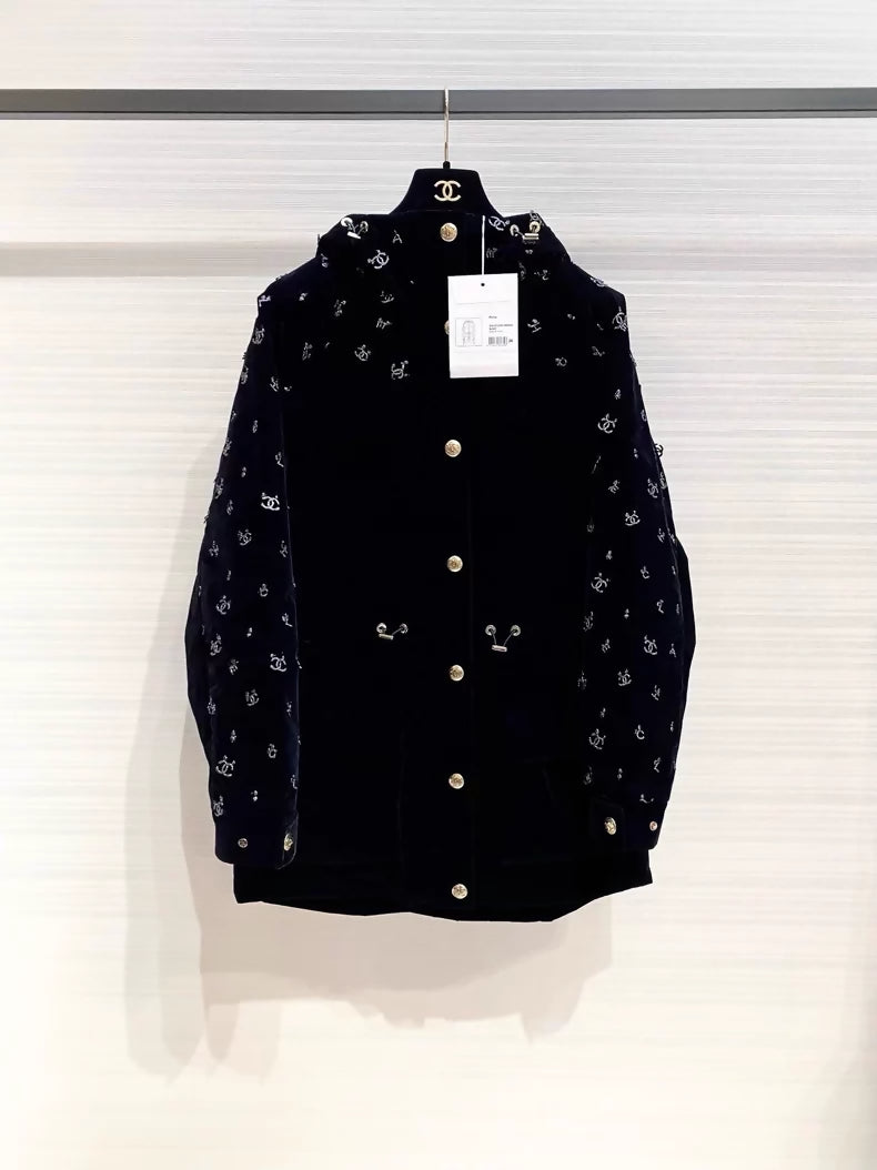 Chanel ski collection, velvet embroidered logo hooded down jacket