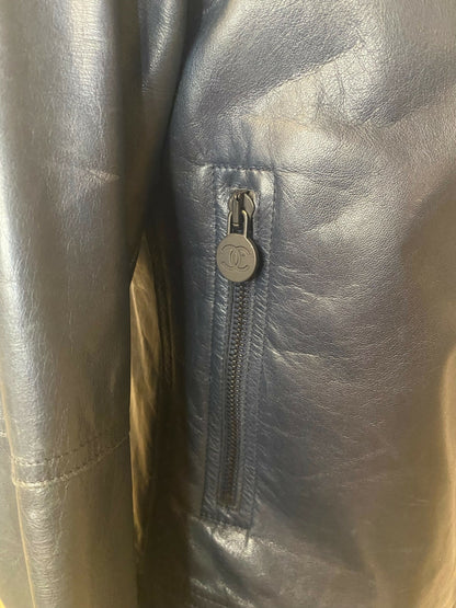 Chanel 12P Navy Blue Petrol Quilted Leather Biker Jacket FR 36