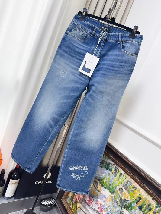 Chanel 24B Heart Embroidery Graffiti Blue Straight Leg Jeans