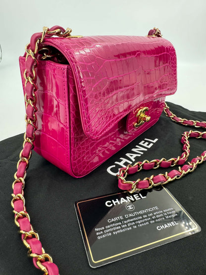 Chanel 2018-2019 Alligator Bright Pink Classic Flap Bag with Gold Hardware