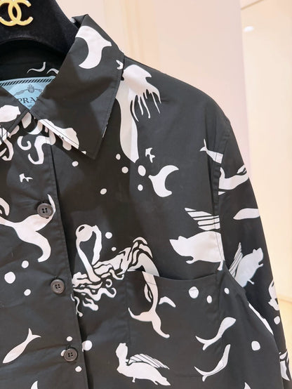 Prada black and white mermaid print long-sleeved shirt