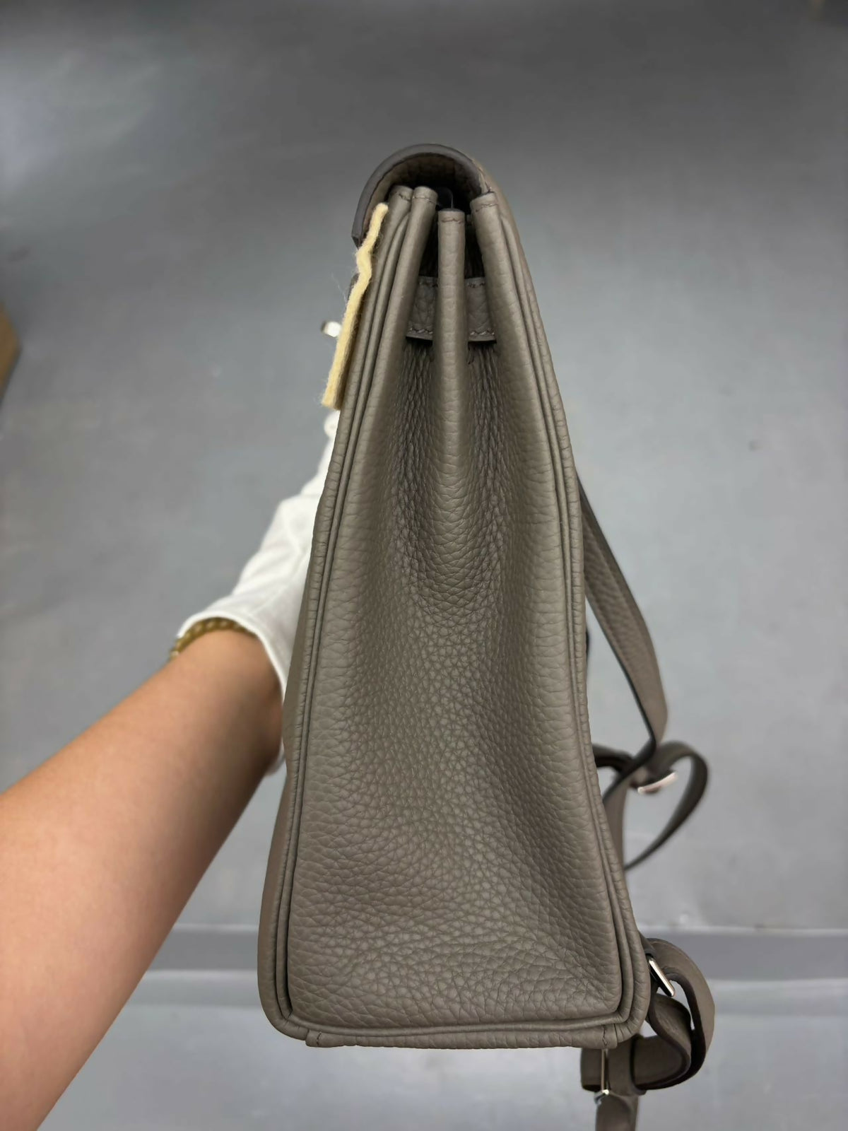 Hermès Kelly Ado Backpack Étain / Etain Clemence (TC) Leather with Palladium Hardware