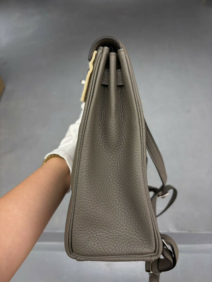 Hermès Kelly Ado Backpack Étain / Etain Clemence (TC) Leather with Palladium Hardware