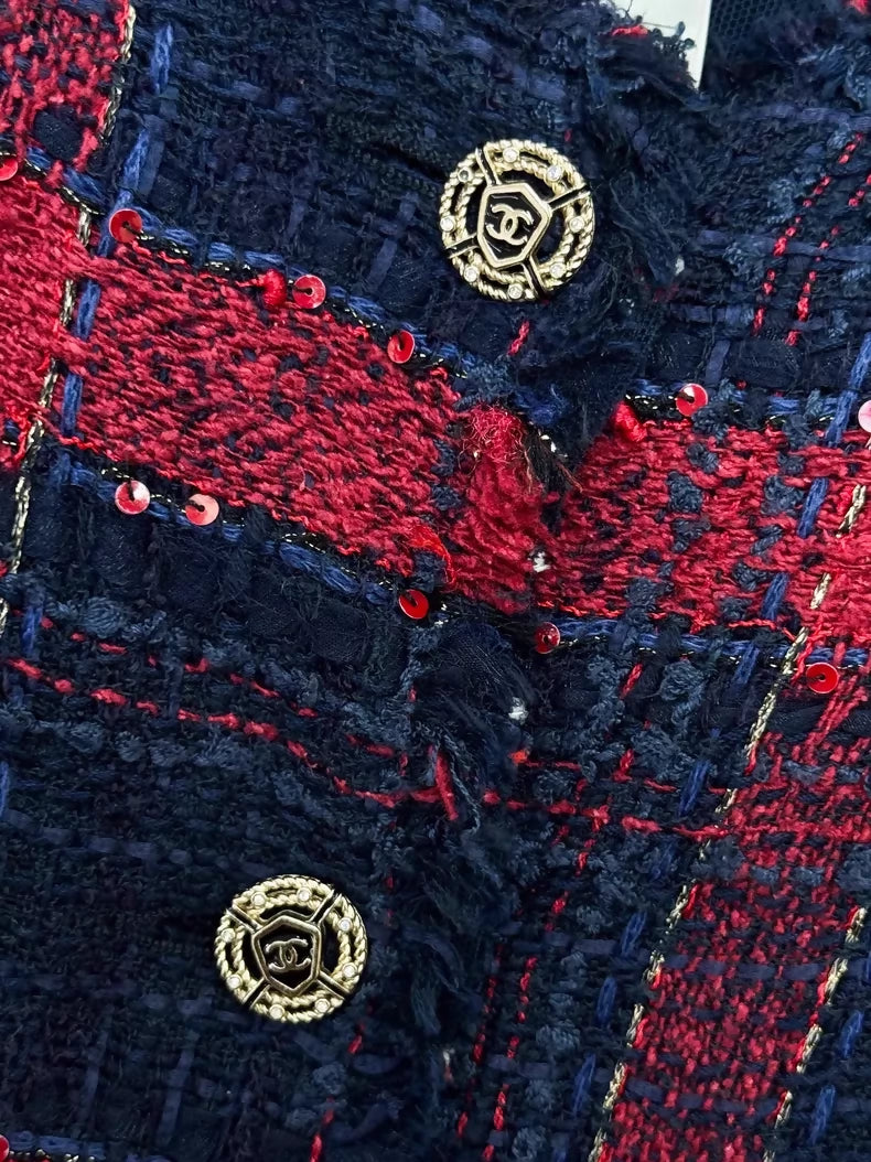 Chanel 08S blue and red tweed jacket with gold chain