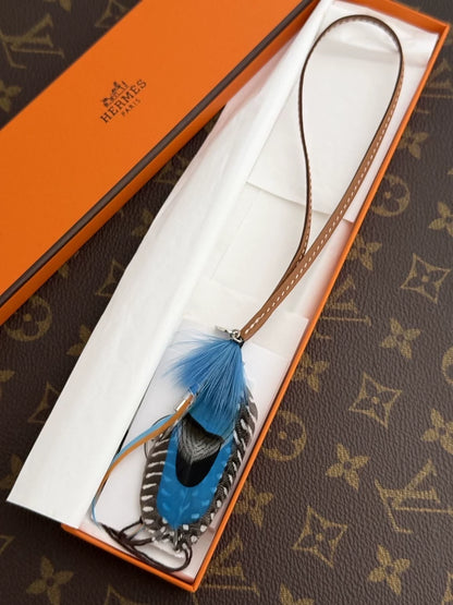 Hermes Grigri Mouche Fly Feather Bag Charm Blue