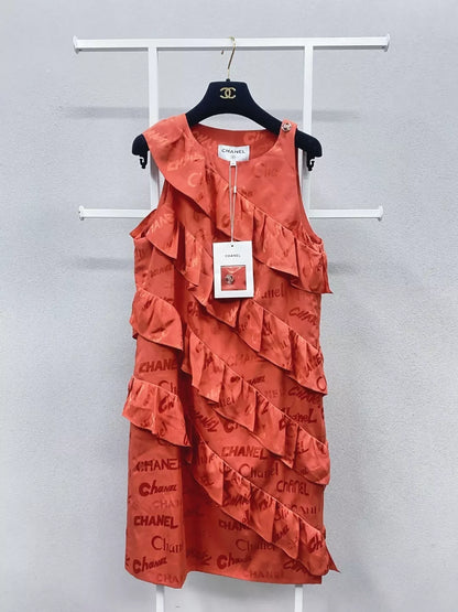Chanel 22P rose red silk wavy dress