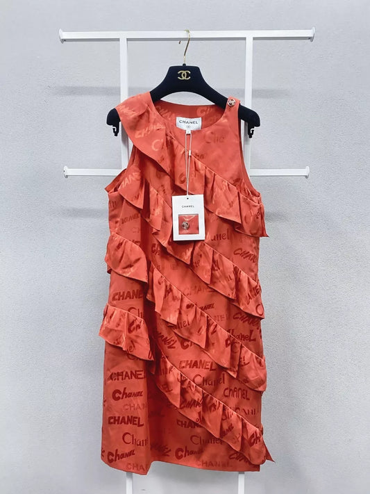Chanel 22P rose red silk wavy dress