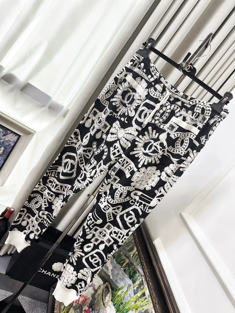 Chanel 23N Black and White All-Over Logo Print with Jewelry Elements, Casual Cashmere Pants,
