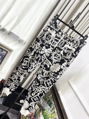 Chanel 23N Black and White All-Over Logo Print with Jewelry Elements, Casual Cashmere Pants,