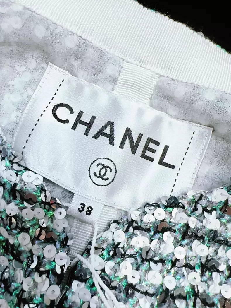 Chanel 23P silver and green sequined tweed jacket