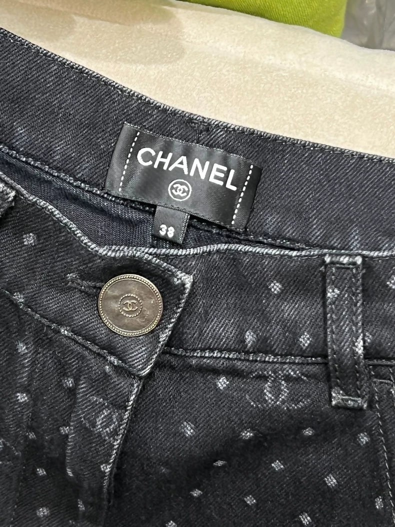 Chanel 23P Black Polka dot denim boyfriend jeans