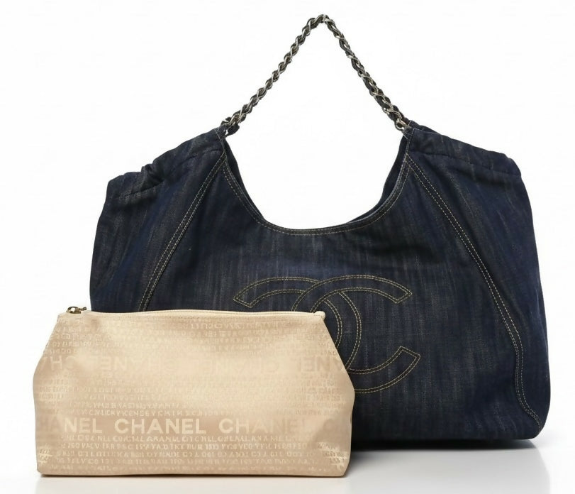 Chanel Blue Denim XL Coco Cabas Timeless Tote Bag with Pochette