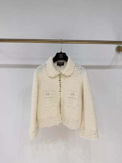Chanel 25B ecru Knit Cardigan with Lace Trim