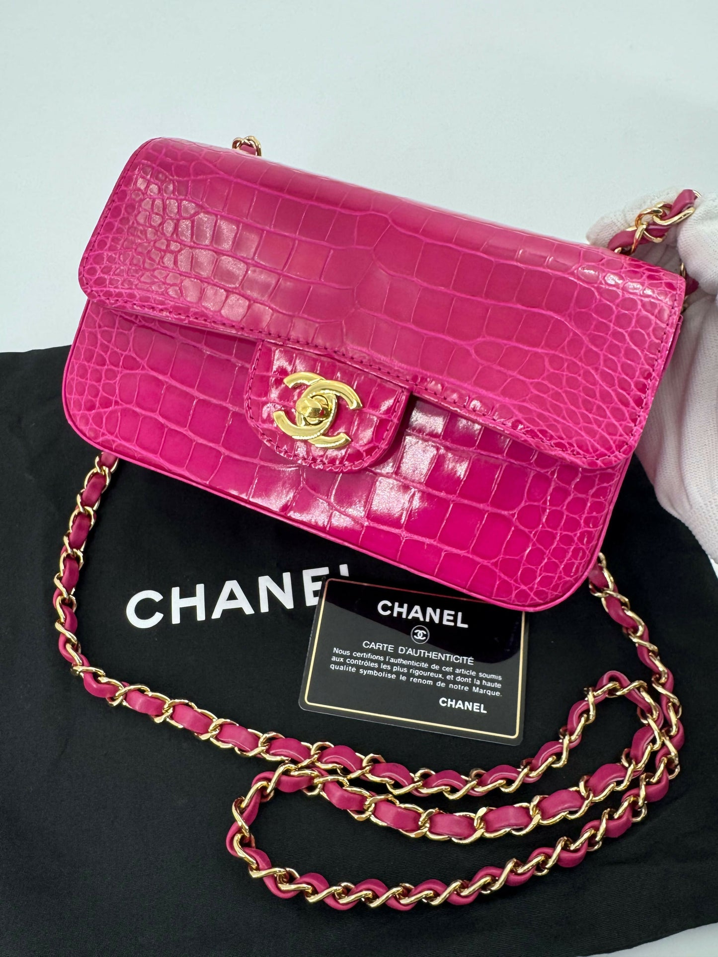 Chanel 2018-2019 Alligator Bright Pink Classic Flap Bag with Gold Hardware
