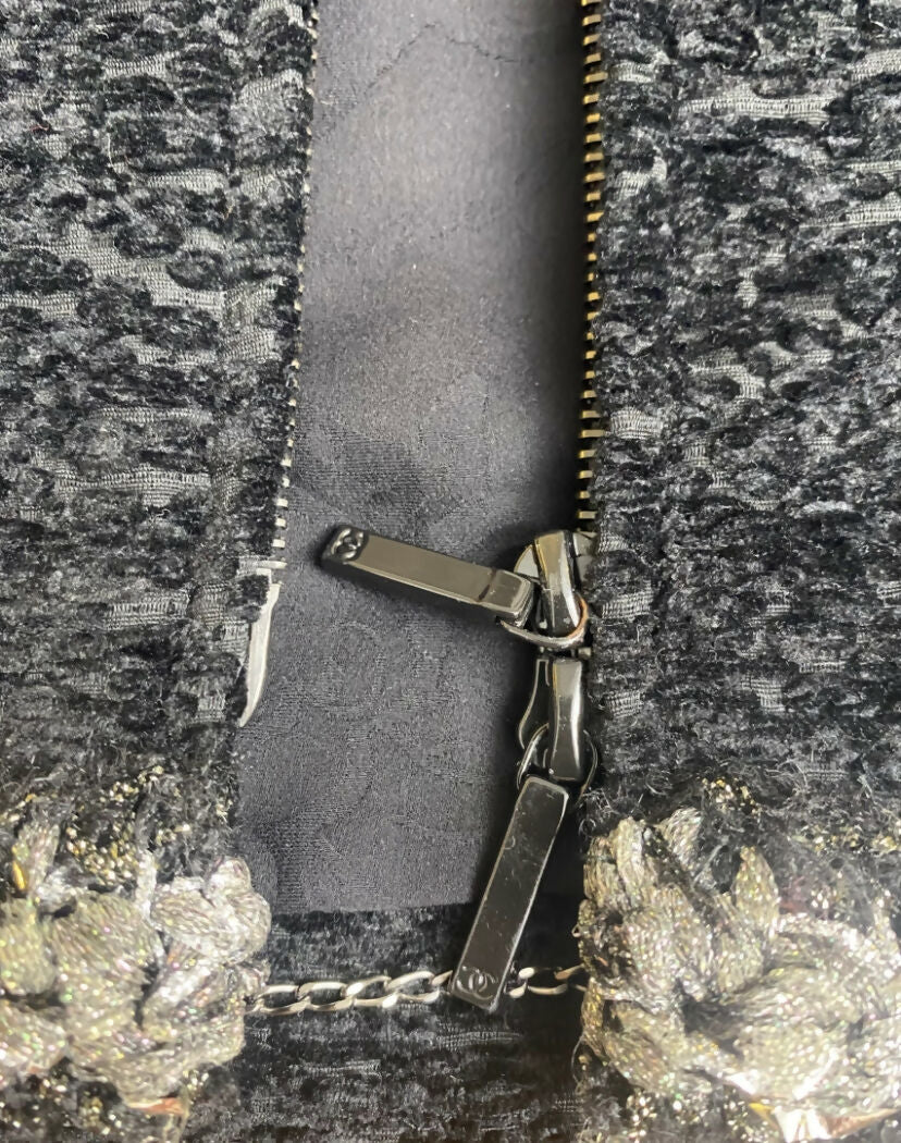 Chanel 14A Runway Supermarket Collection Black Boucle Silver Metallic Braided Trim Jacket 42