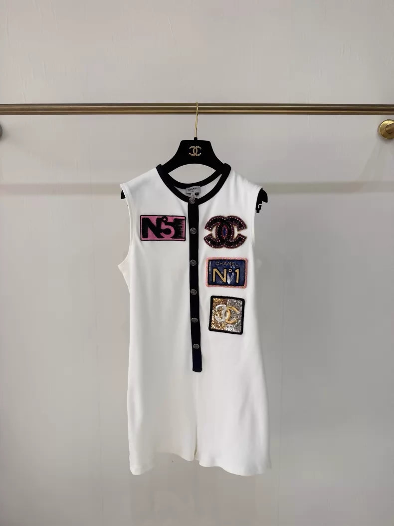 Chanel 23C white sequined embroidered badge jumpsuit