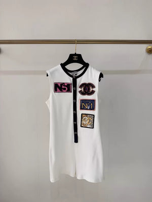 Chanel 23C white sequined embroidered badge jumpsuit