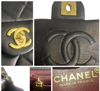 Vintage Chanel Black Quilted Lambskin Mini Square Timeless Classic Flap Bag 24K gold hardware