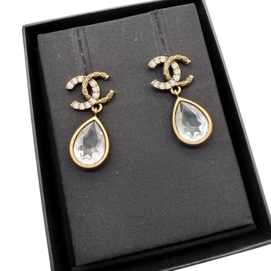 CHANEL bronze embossed diamond double C teardrop earrings