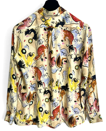 Iconic Chanel 95P Barbie Collection CC Multicolor 100% Silk Logo Blouse FR 42/44
