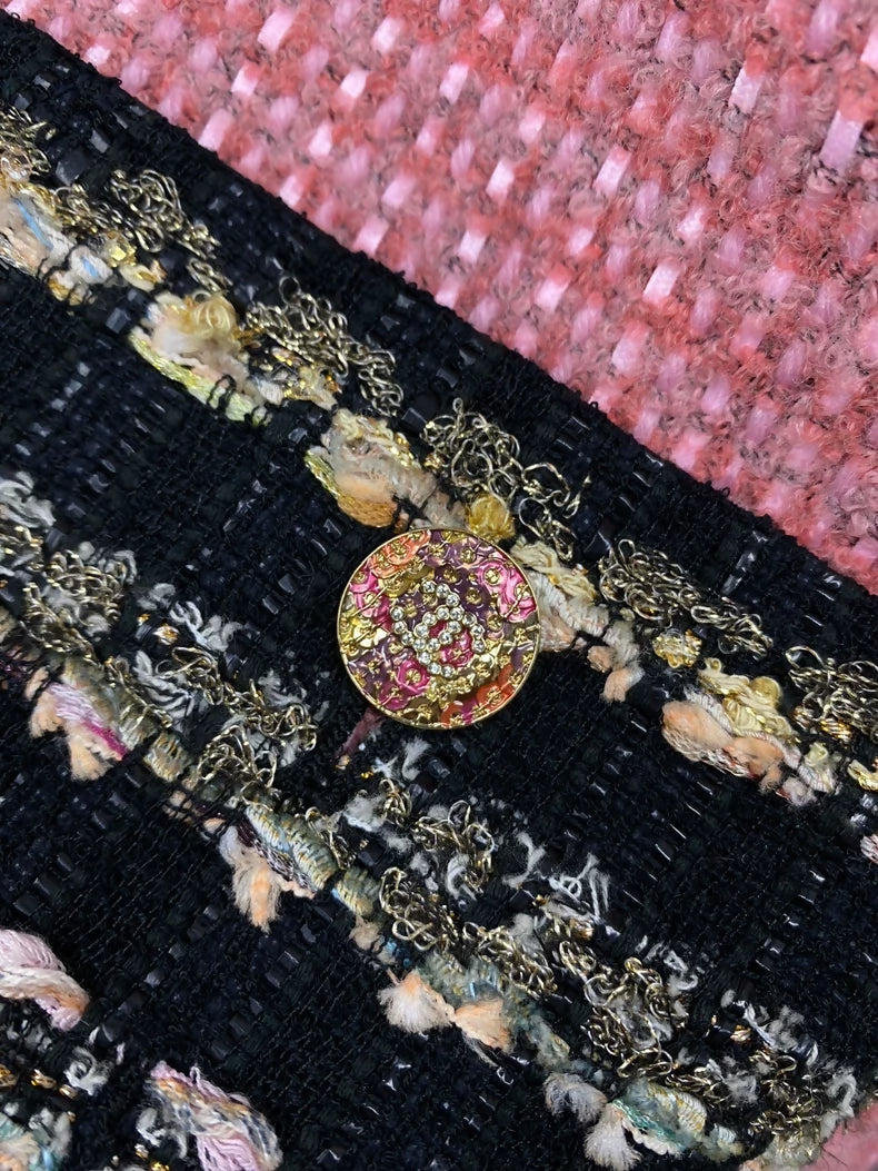 Chanel 22A pink and black mixed-color woven feather tassel jacket