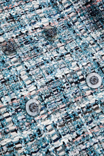 Chanel 17A Paris-Cosmopolite Blue Fantasy Tweed Fringe Jacket FR 44