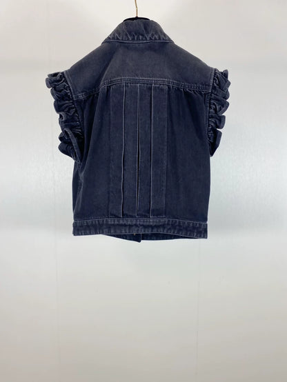 Chanel 24A Black/Grey Ruffled Pleated Short Sleeveless Collared Vest