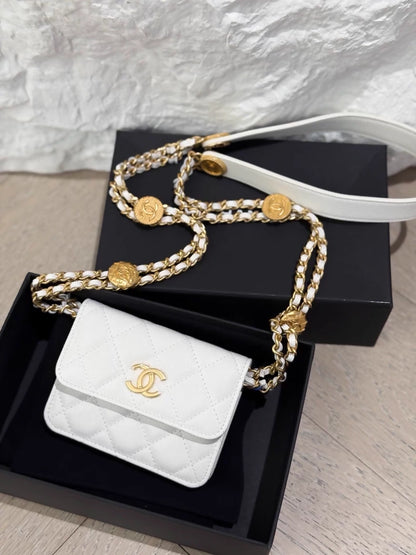 Chanel white leather mini WOC coin purse with gold hardware