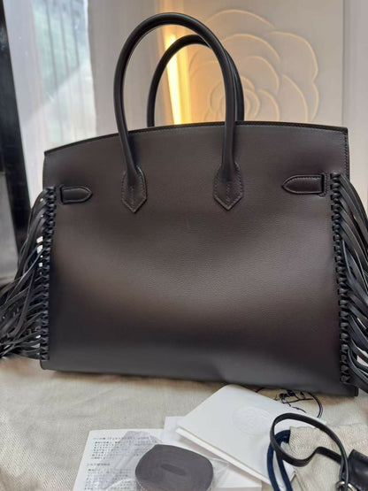 Hermès Birkin 35 Black Evergrain Leather Handbag with Silver Hardware and Fringe Stamp W
