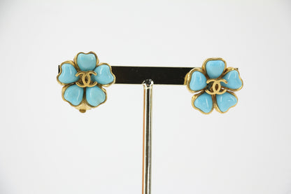 Chanel Vintage 97P Gripoix Blue Camellia Clip-on Earrings